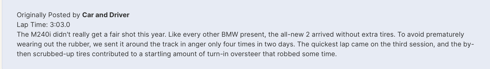 Name:  BMW M240i, M3, X4M, X5M, M5 CS Compete in Car and Driver Lightning Lap 2022.png
Views: 988
Size:  135.8 KB